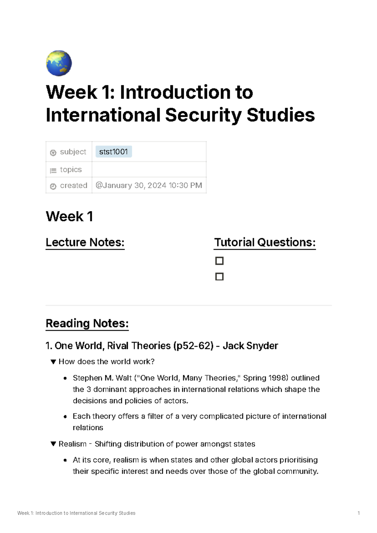 INTL 101: Week 1 Lecture Notes & Reading Summary on Security Studies ...