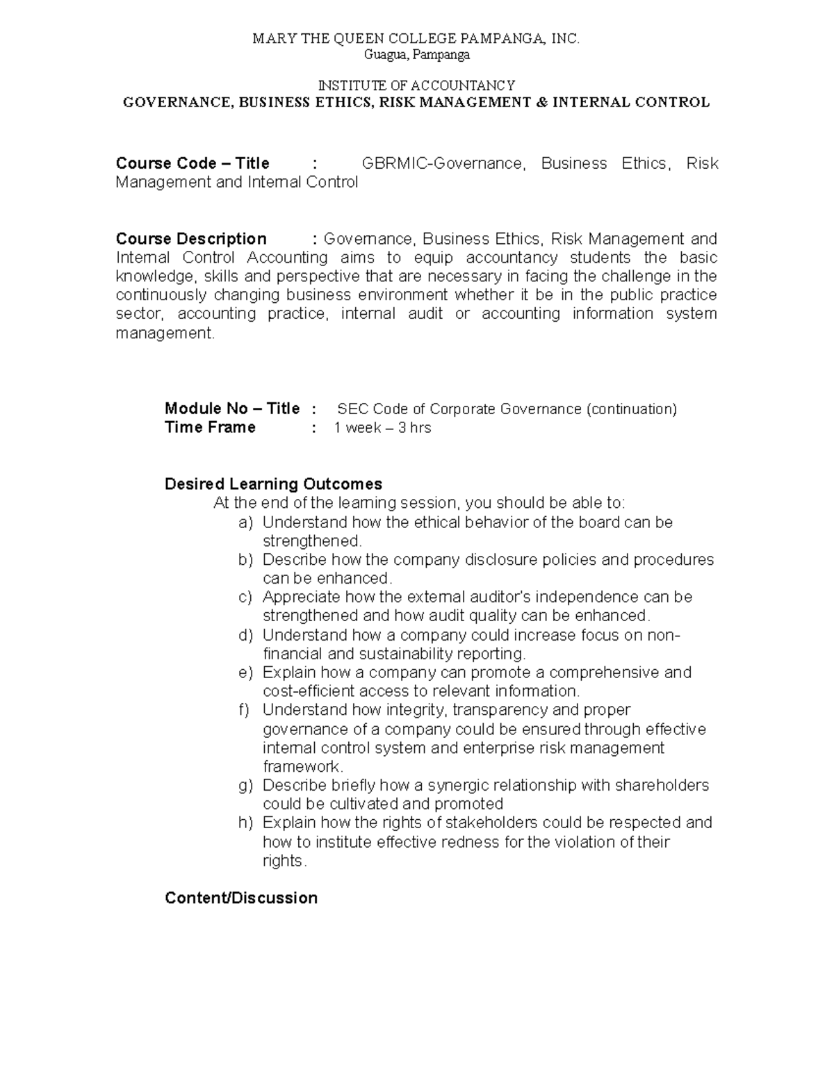 Business Ethics, Risk Management & Internal Control - MQC Module 2 ...