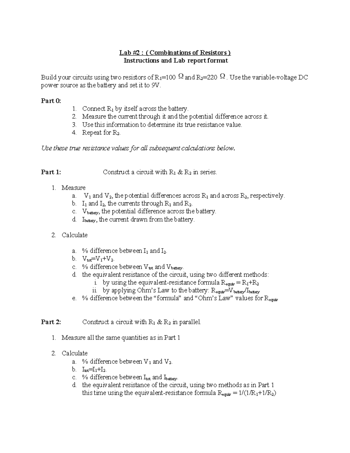 Lab 2: Combinations of Resistors - Instructions & Report Format - Studocu