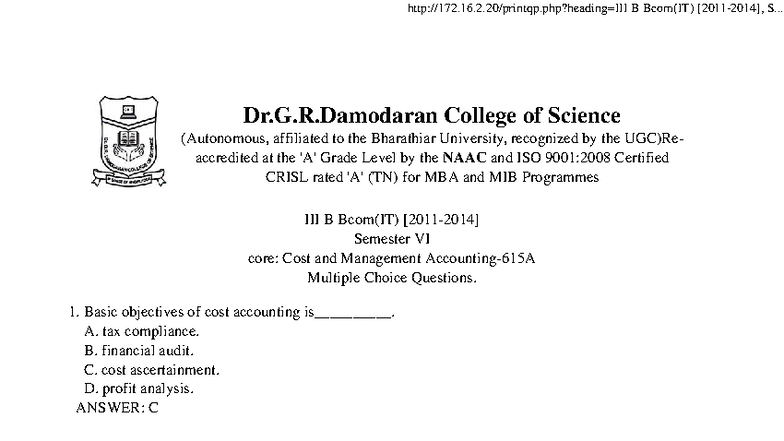 B Bcom(IT) Semester VI: Cost Accounting MCQs for Final Exam - Studocu