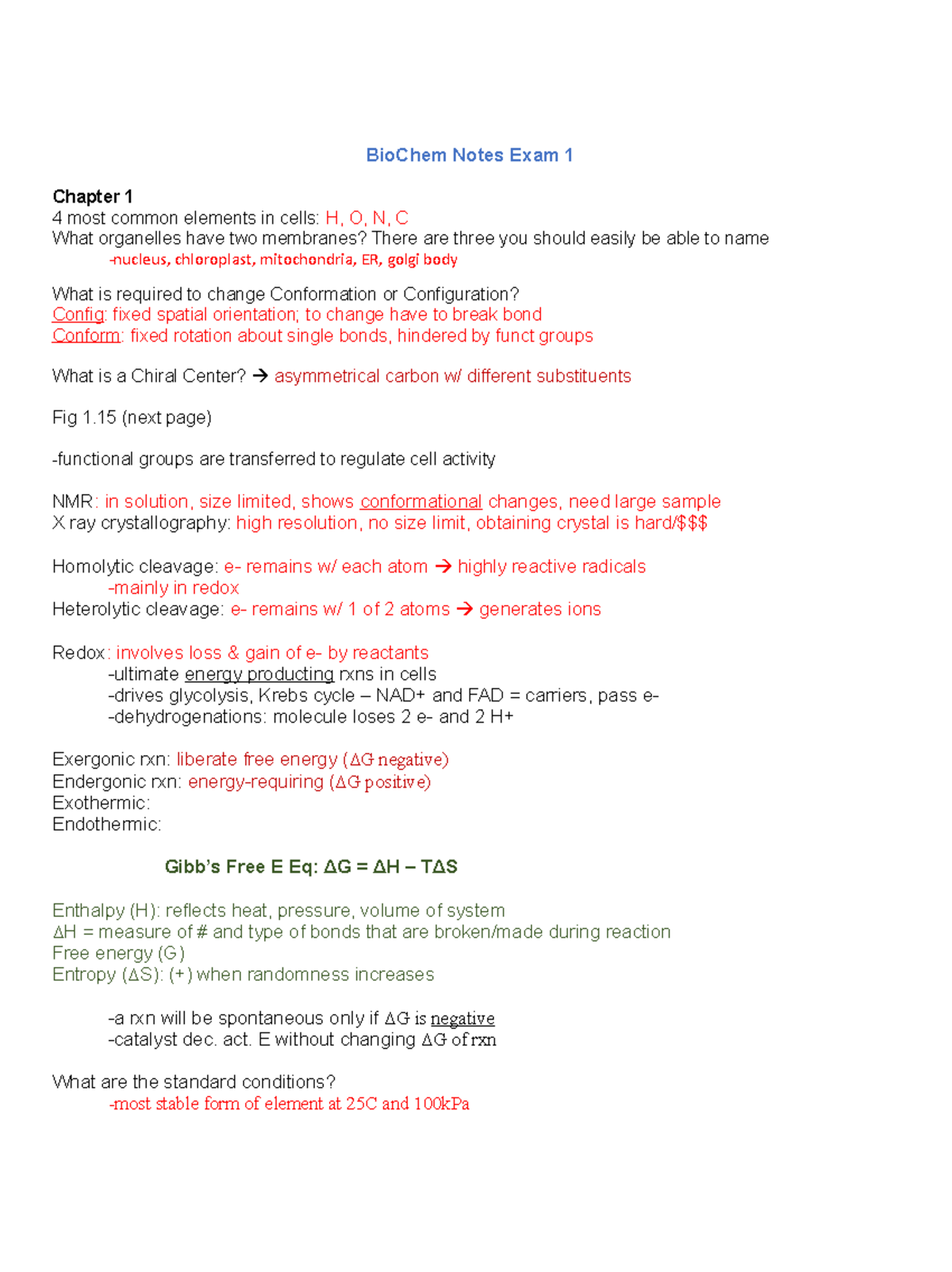 Biochem 101: Exam 1 Study Notes on Cell Structure & Reactions - Studocu