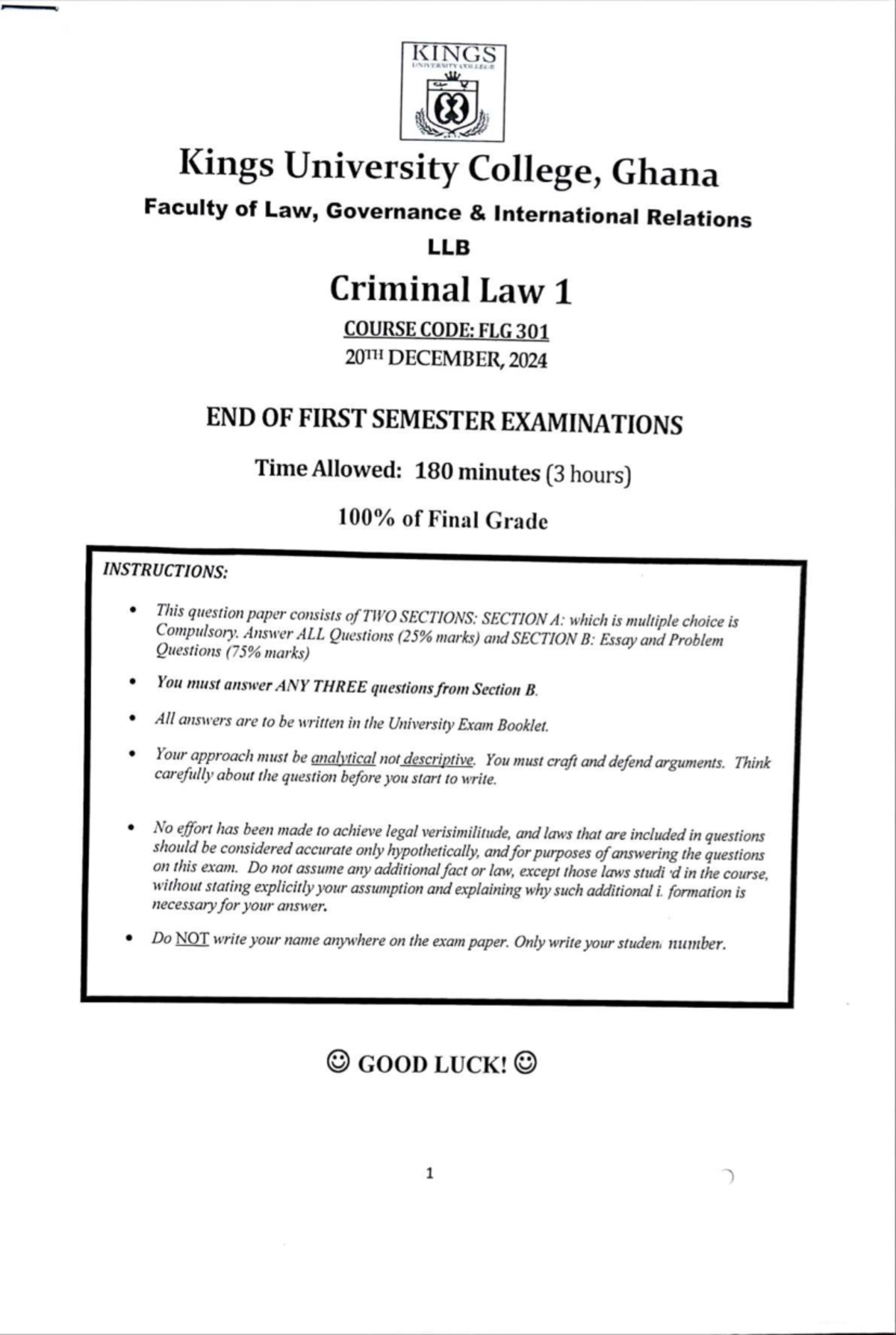 FLG 301: Criminal Law 1 Final Exam Past Questions and Answers - Studocu