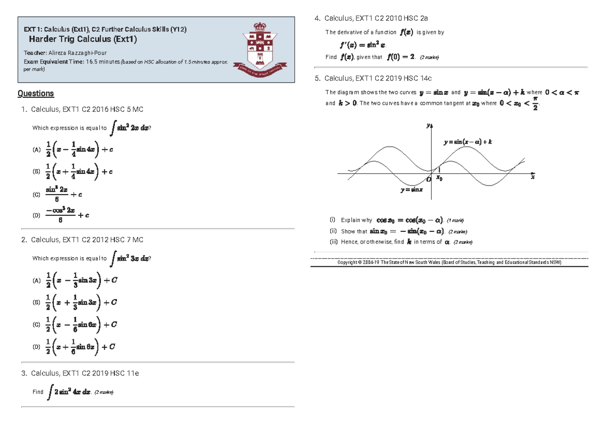 Ext 1 - Past HSC Questions: Calculus & Harder Trig Fns - Studocu