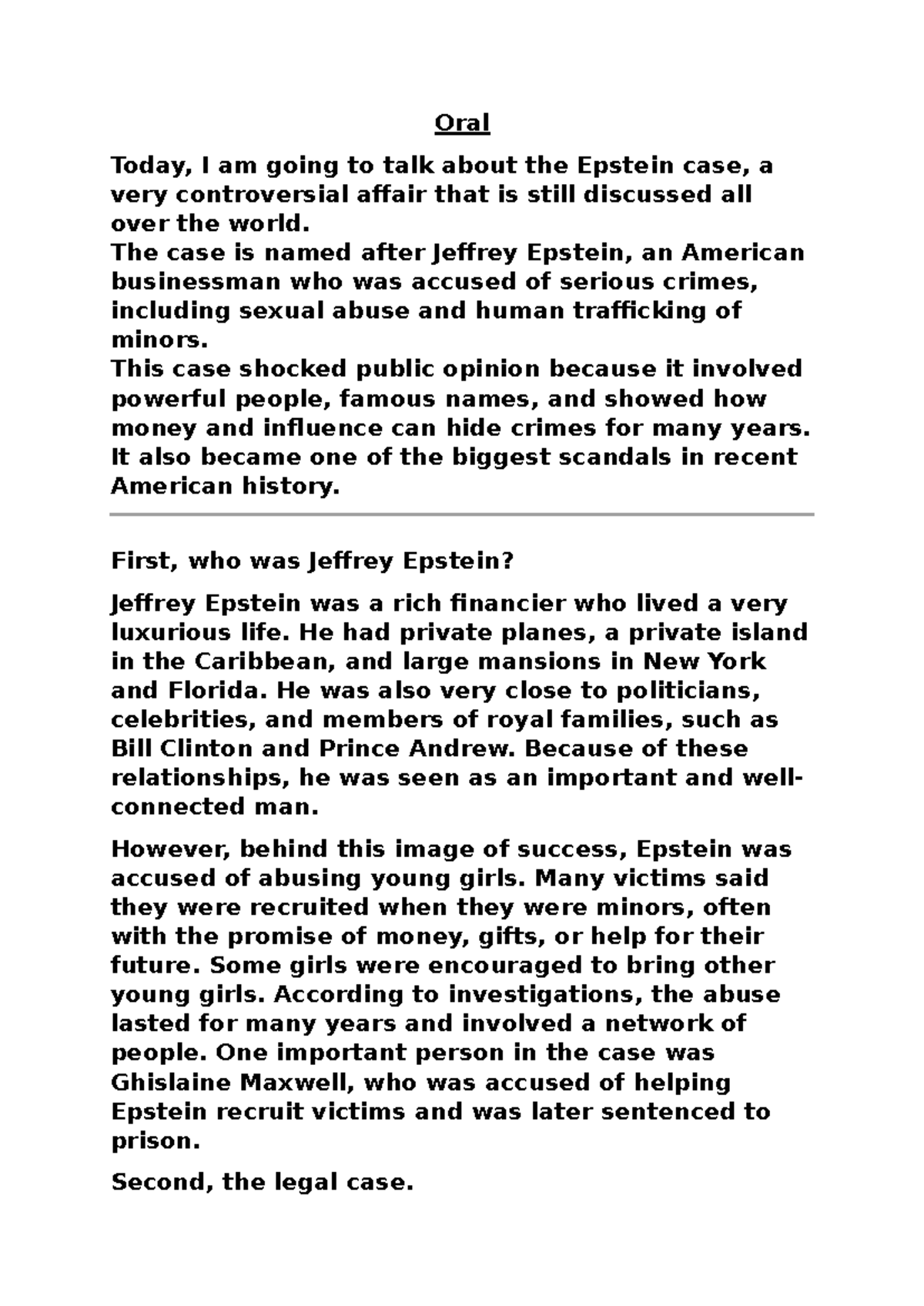 Oral Presentation: The Epstein Case Analysis - Studocu