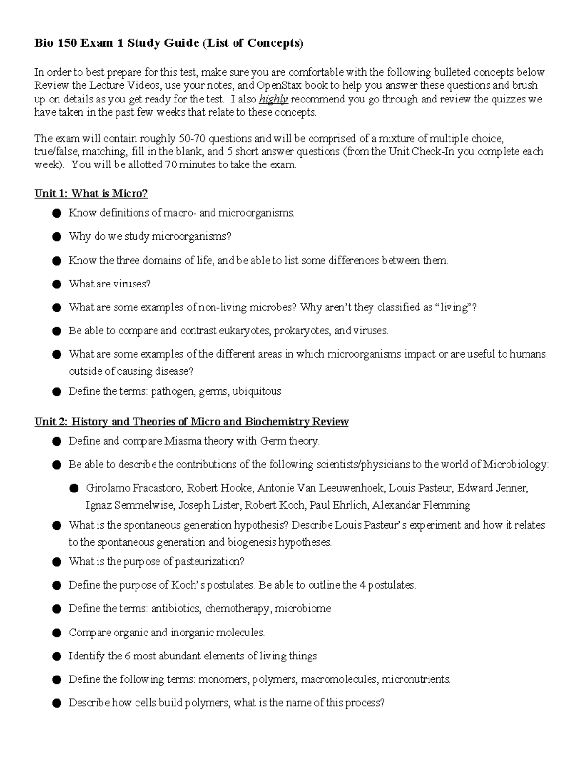 Bio 150 Exam 1 Study Guide: Key Concepts & Review Notes - Studocu