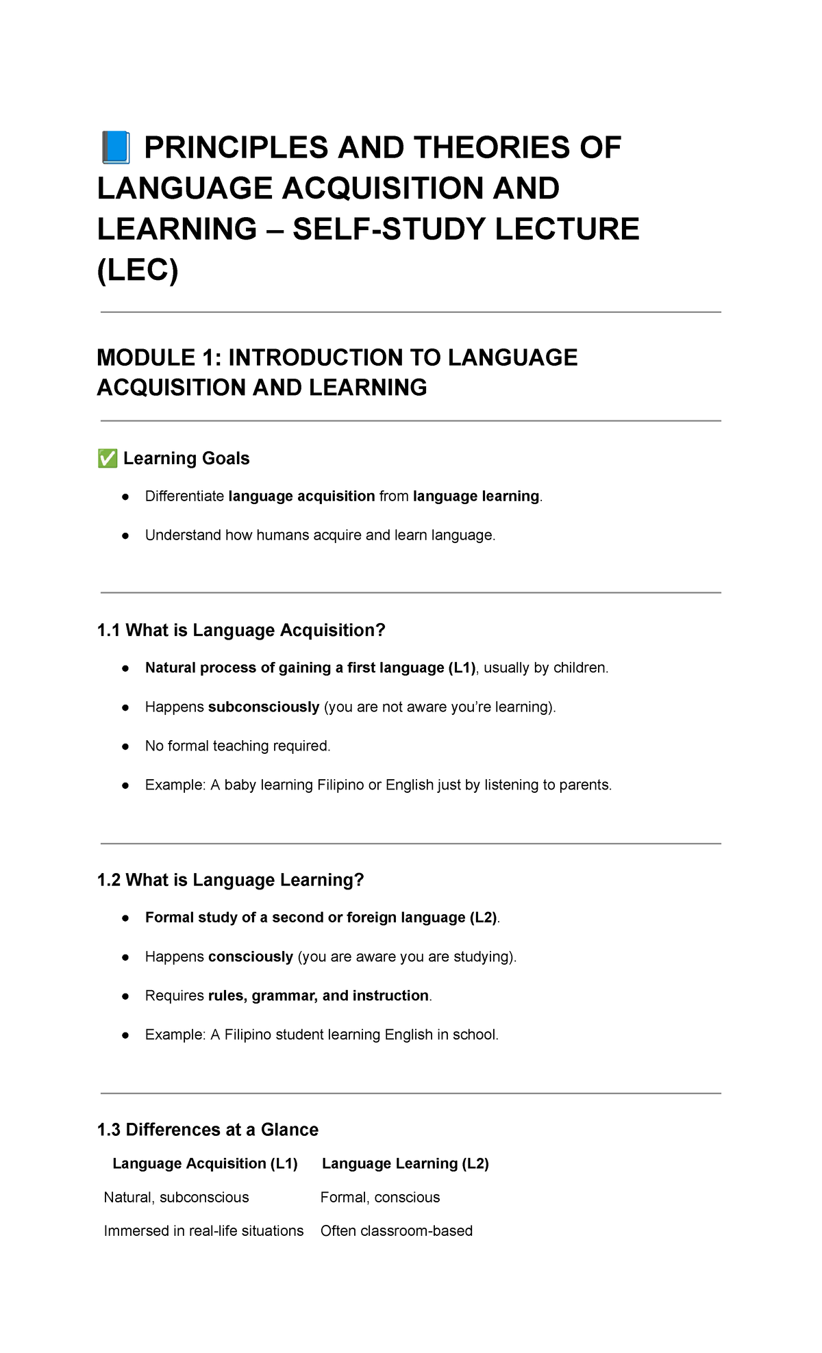 Principles & Theories of Language Acquisition & Learning LEC Module 1 ...
