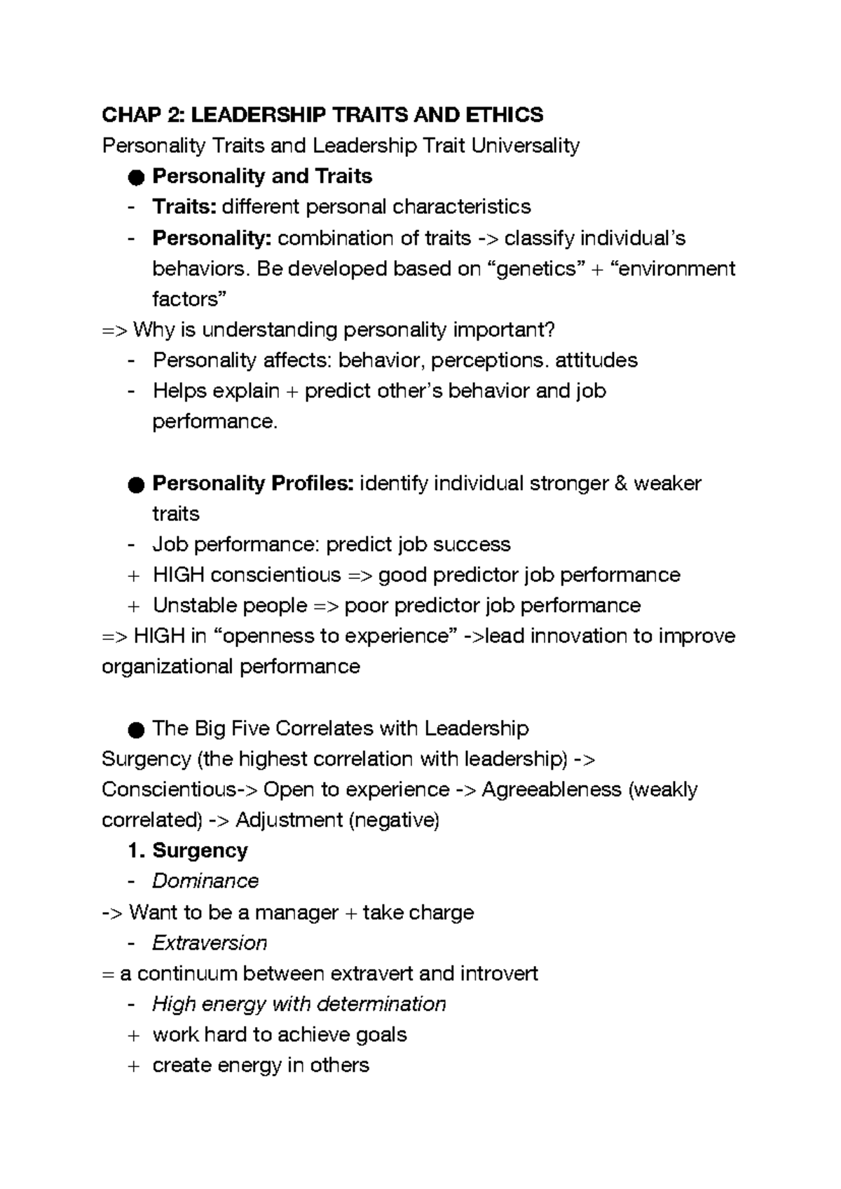 CHAP 2: Leadership Traits, Ethics, and Personality Insights - Studocu
