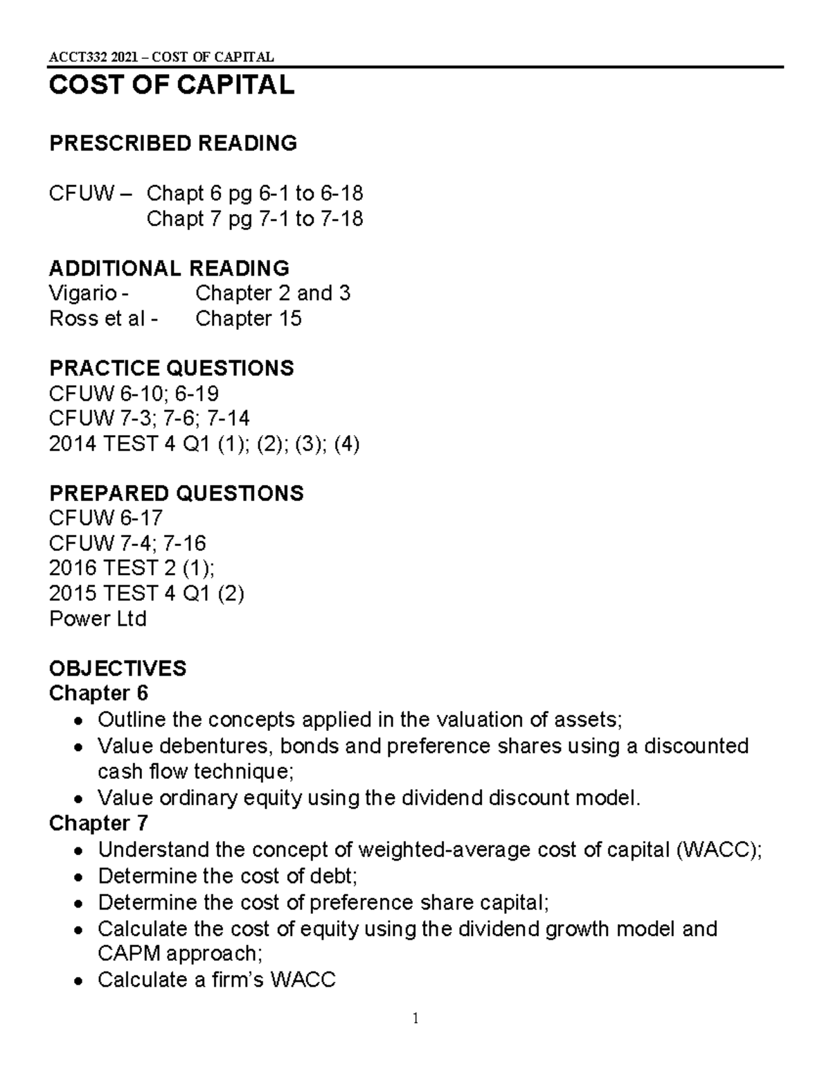 ACCT332 Week 6 Lecture Notes on Cost of Capital & WACC Calculation ...