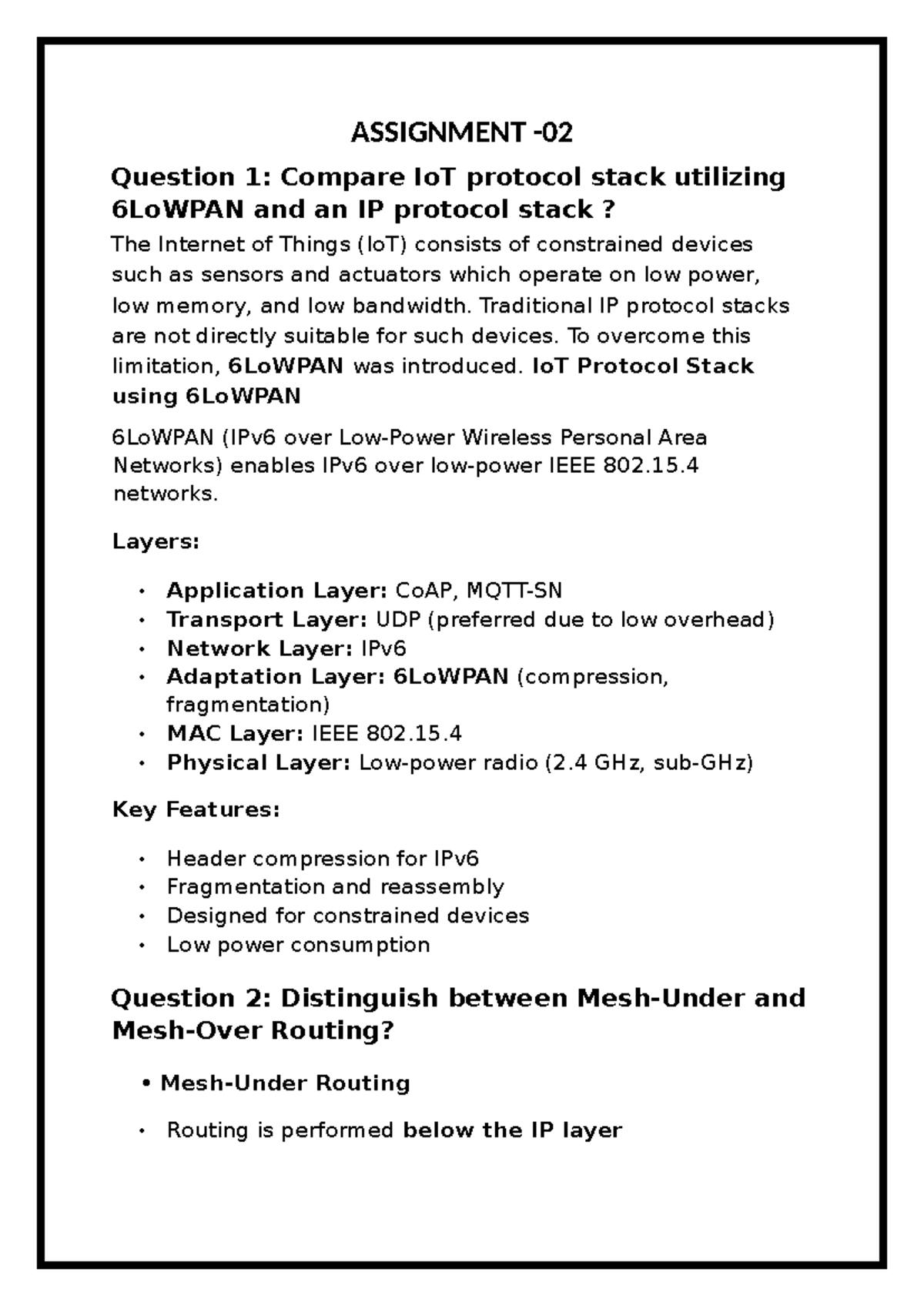 Assignment 2: IoT Protocol Stack Analysis with 6LoWPAN and Routing ...