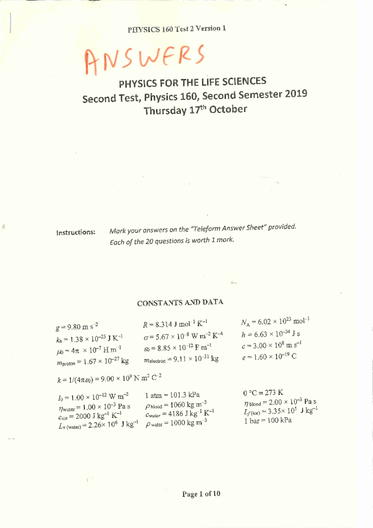 Practice Test 2 Answers - Physics for the Life Sciences - Studocu