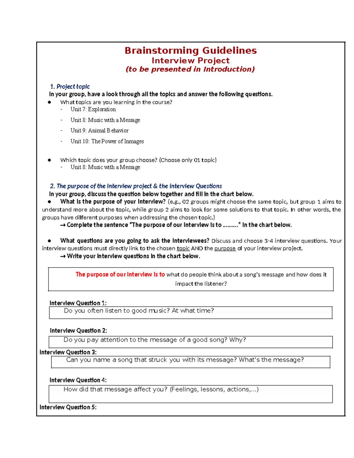 Purpose and questions PBA - Brainstorming Guidelines Interview Project ...