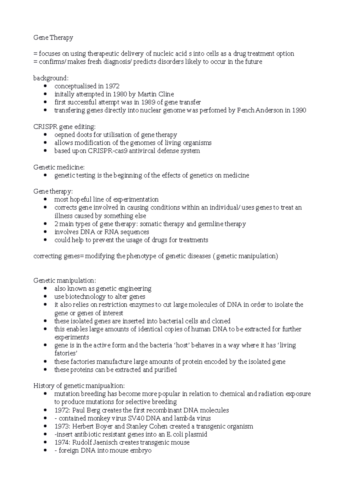 Gene therapy - notes - Gene Therapy = focuses on using therapeutic ...