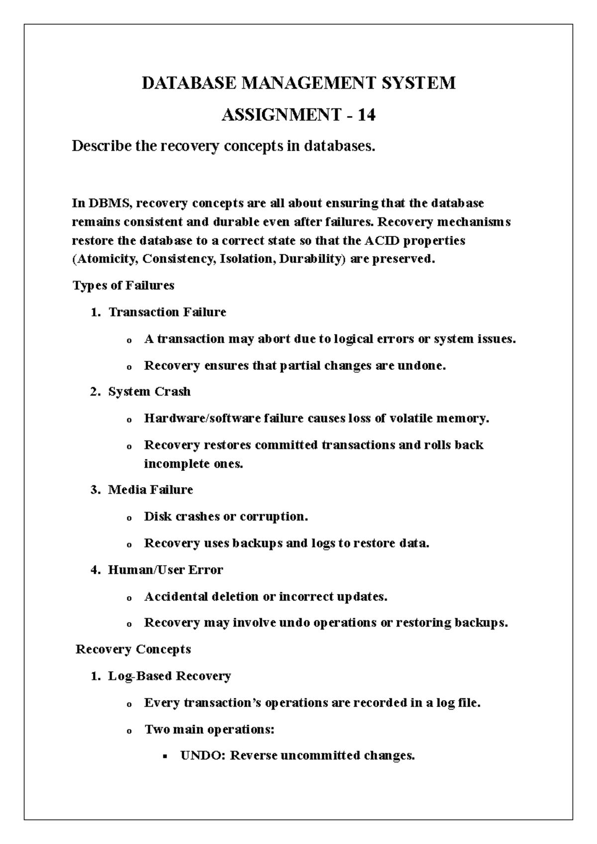 DBMS SEM 2 Assignment 14: Recovery Concepts in Databases - Studocu