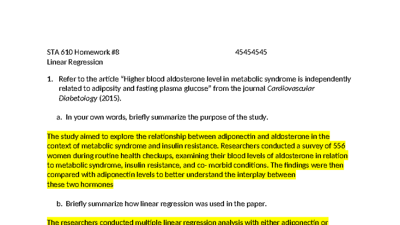 STA 610 Homework 8: Linear Regression Analysis and Findings - Studocu