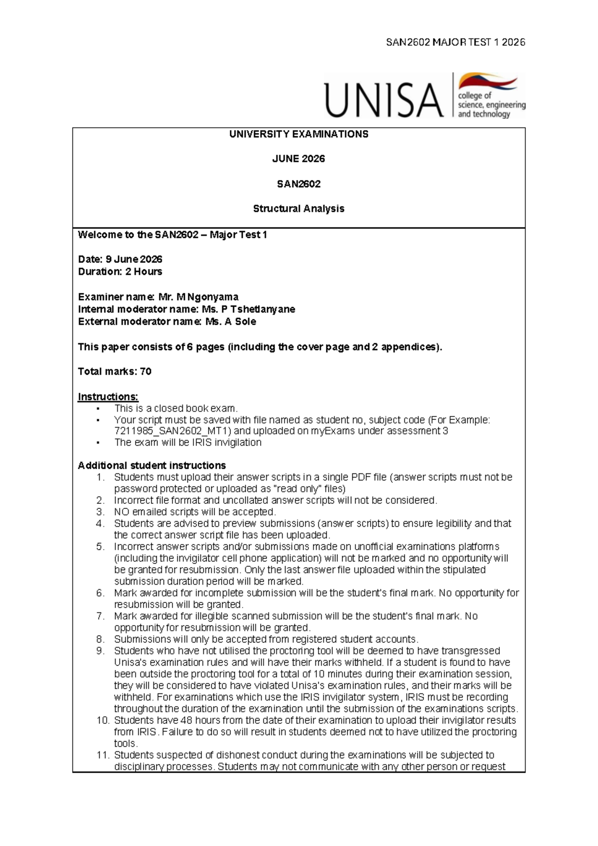 SAN2602 MAJOR TEST 1 2026 STRUCTURAL ANALYSIS GUIDELINES - Studocu