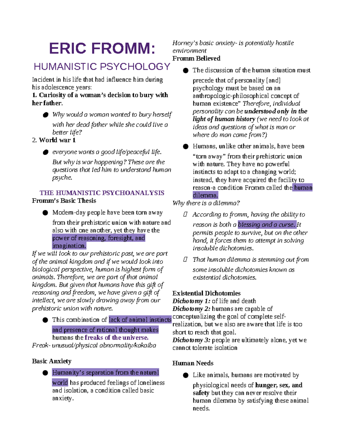 TOP Notes-1 - Top notes - ERIC FROMM: HUMANISTIC PSYCHOLOGY Incident in ...