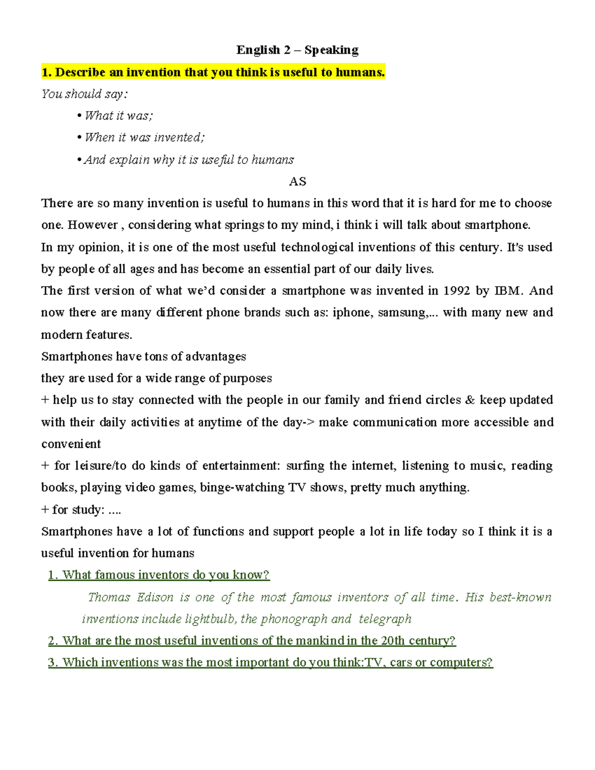 Speaking E2 - English 2 – Speaking Describe an invention that you think ...
