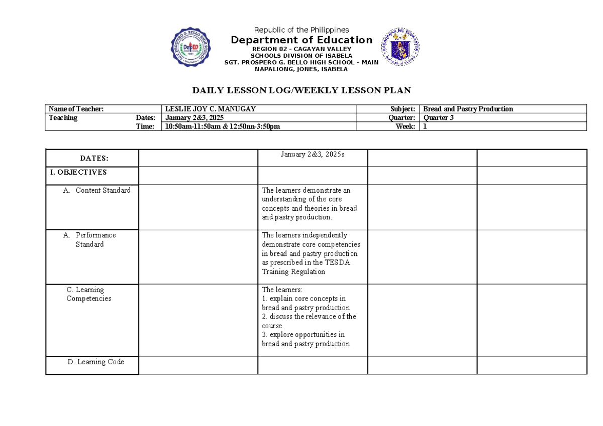 BPP 3rd Quarter Daily Lesson Plan (Week 1): Intro to Bread & Pastry ...
