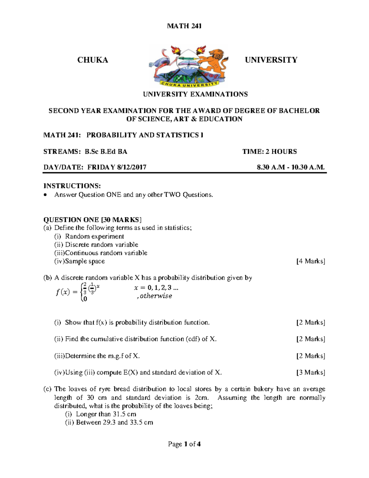MATH 241: Probability and Statistics I - Final Exam Review - Studocu