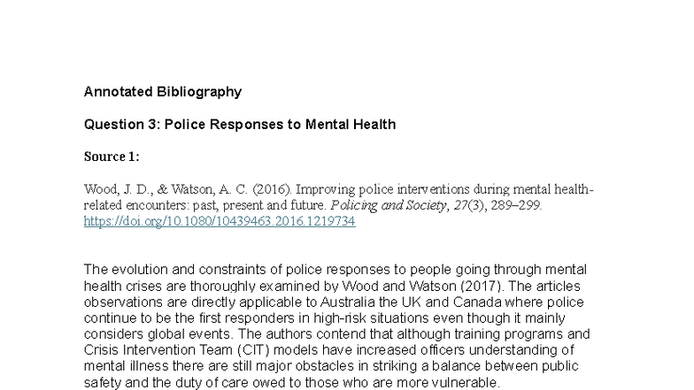 Annotated Bibliography: Police Responses to Mental Health Crises - Studocu