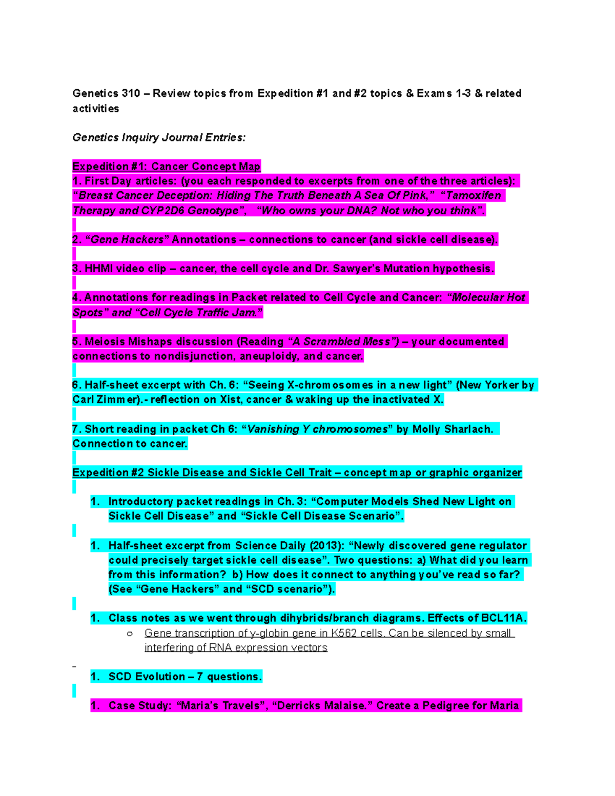 Genetics 310 Final Exam Review - Comprehensive Semester Notes - Studocu