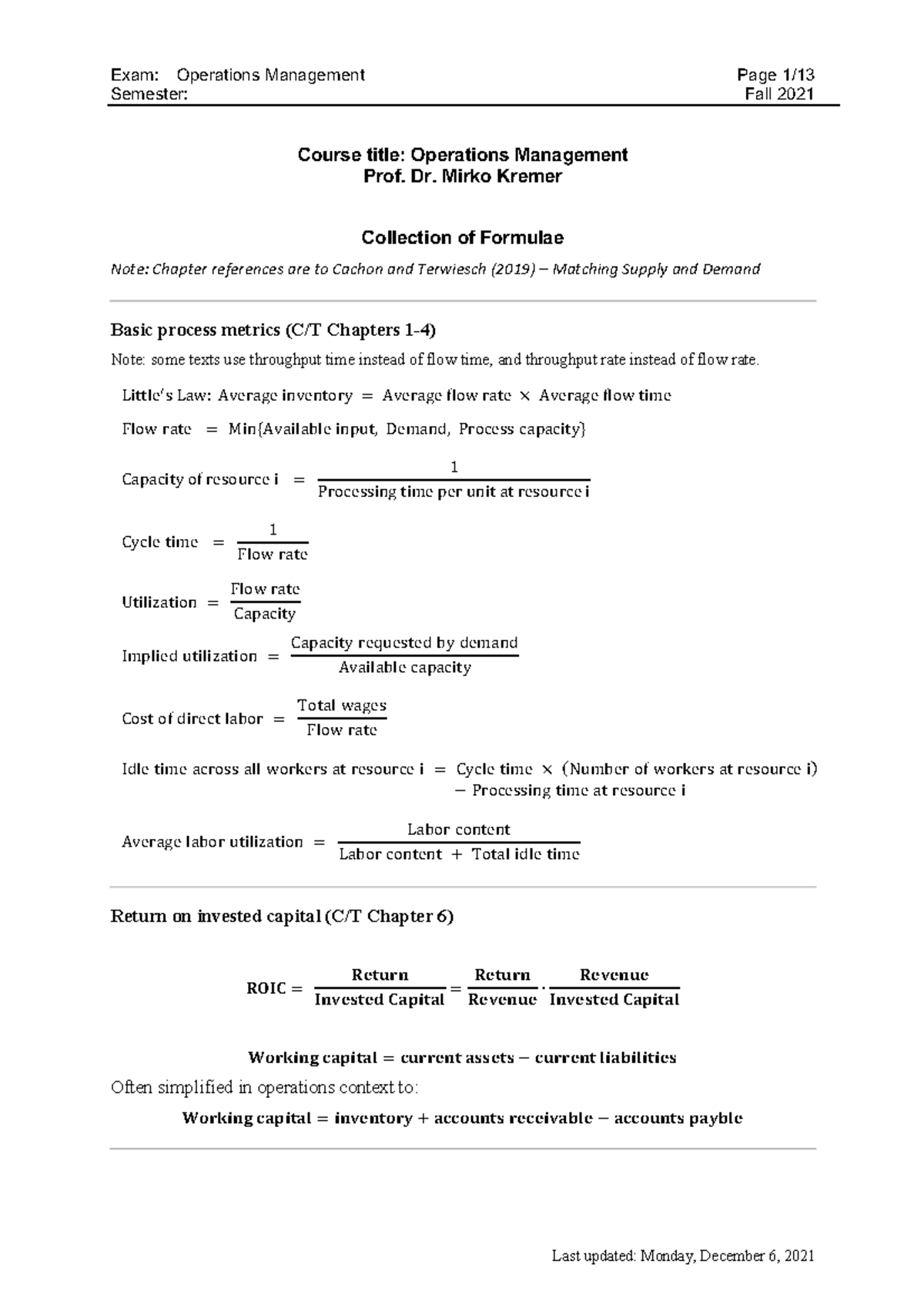 OM 101 Fall 2021: Collection of Key Operational Formulae - Studocu