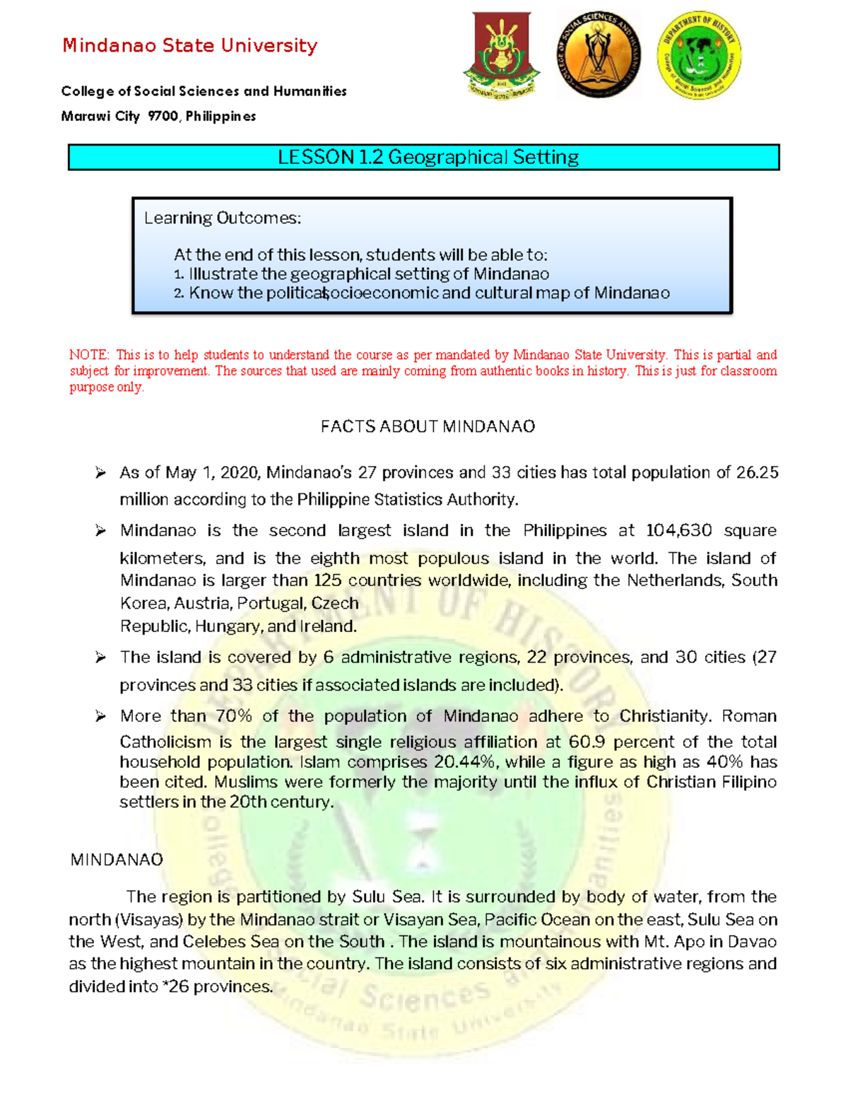 MSU-SSSH Lesson 1.2: Geographical Setting of Mindanao - Studocu