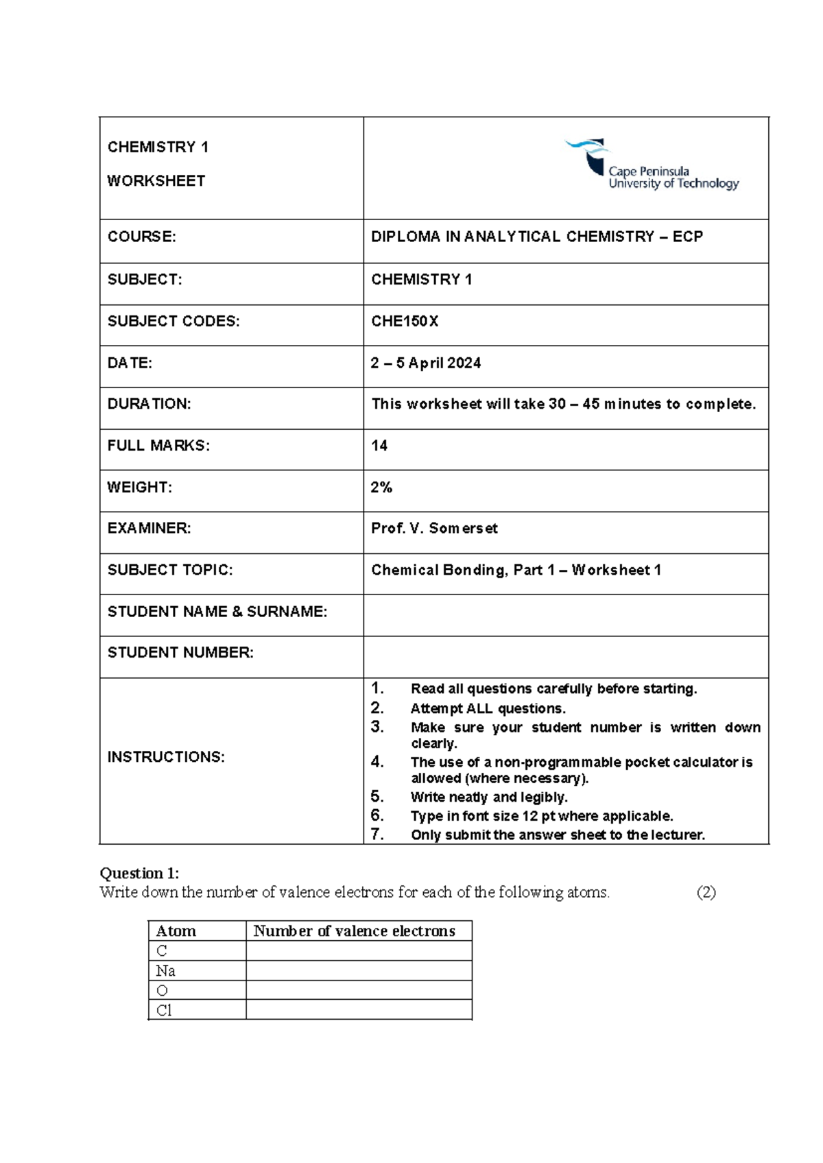 CHE150X Chemistry 1 ECP: Chemical Bonding Worksheet 1 - Studocu