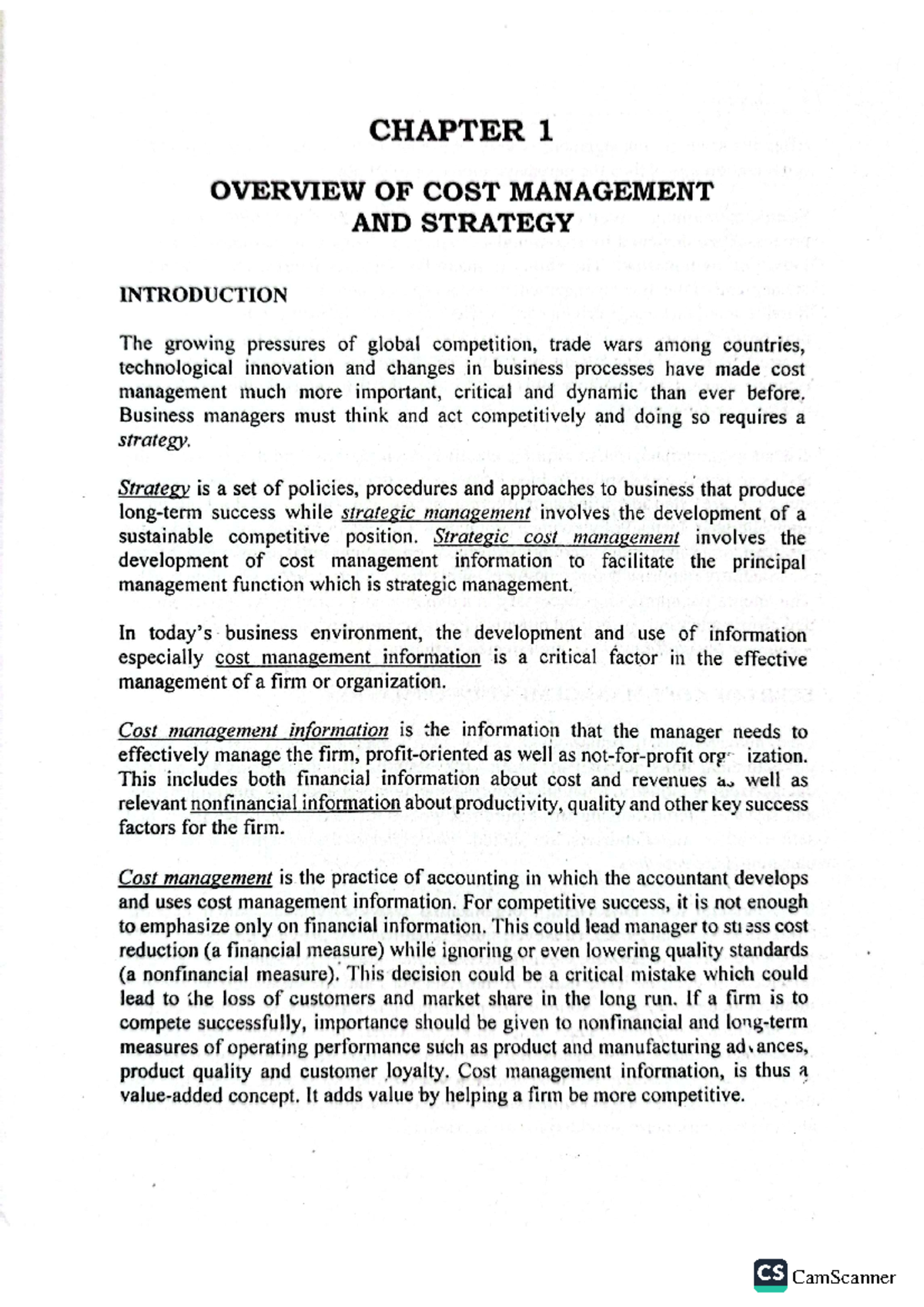 CS 4 Chapter 1: Overview of Strategic Cost Management and Its ...