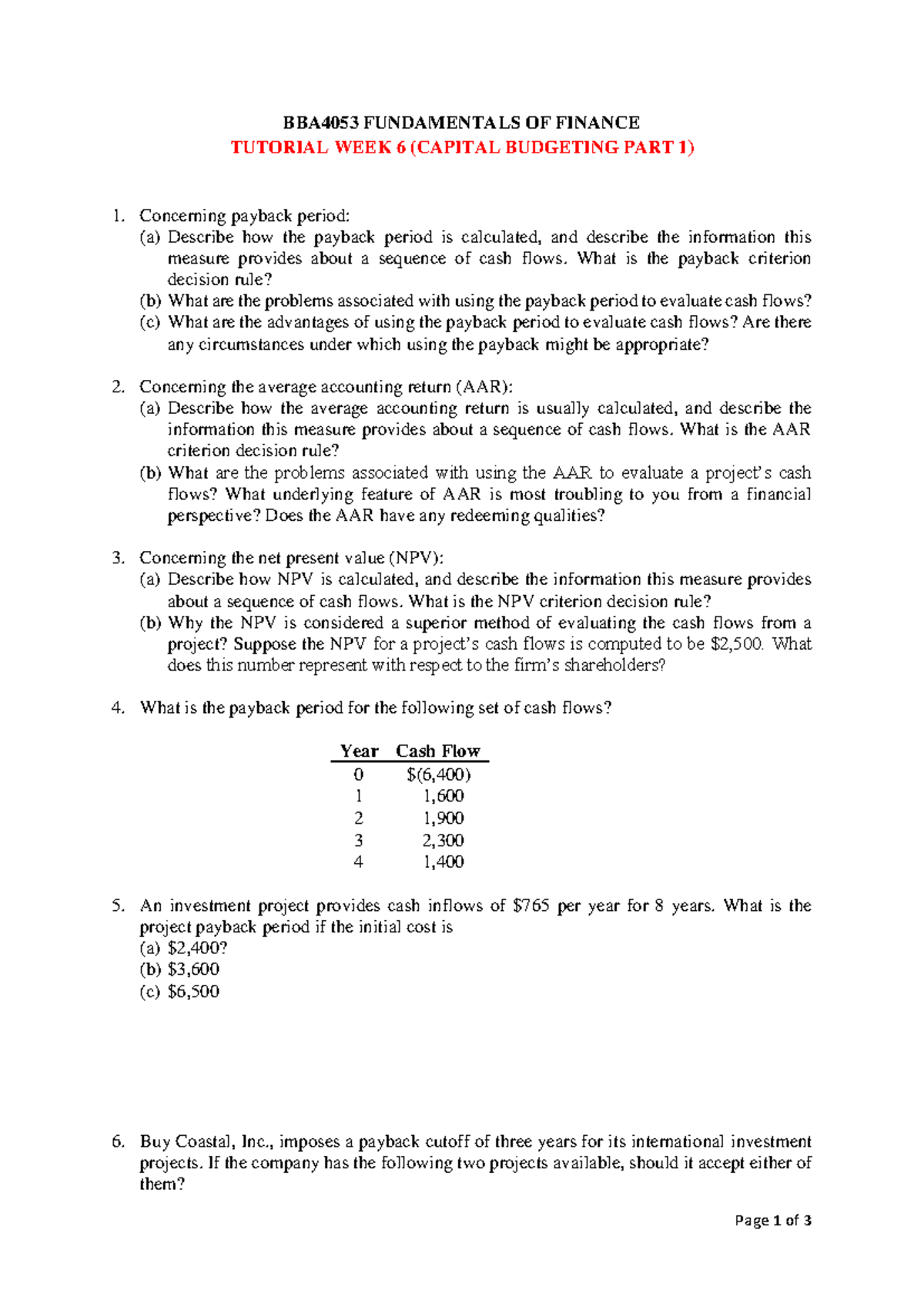 BBA4053 Tutorial Week 6: Capital Budgeting Insights Part 1 - Studocu