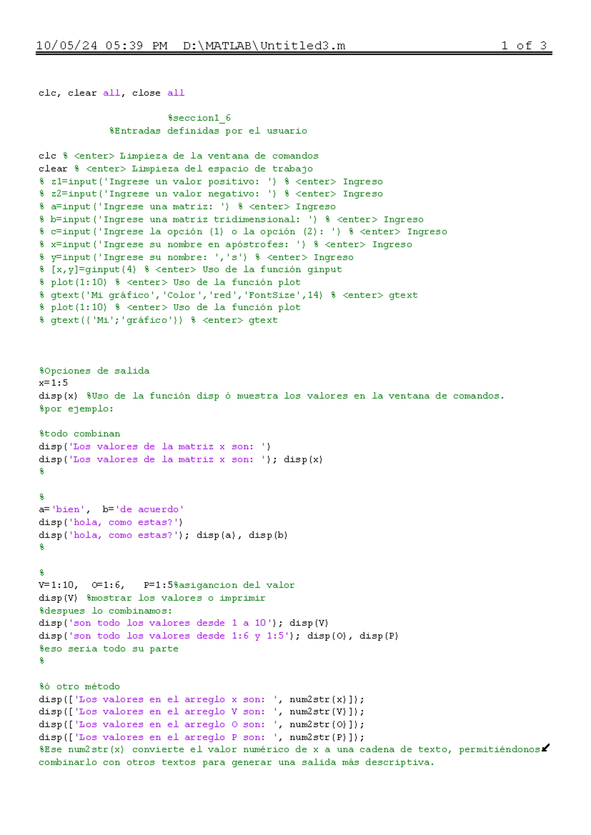 MATLAB Basics: Problem 1 - User Defined Inputs and Outputs - Studocu