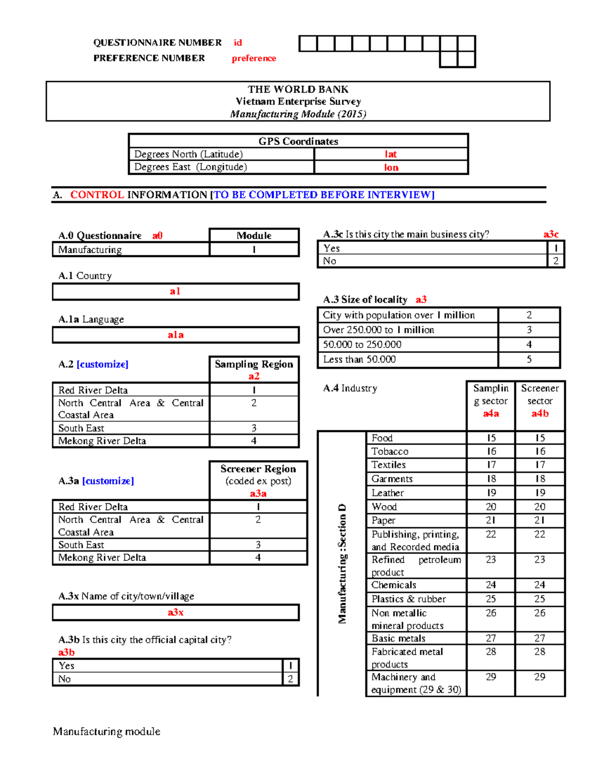 Vietnam 2015 ES Questionnaire Manufacturing Sample - QUESTIONNAIRE ...
