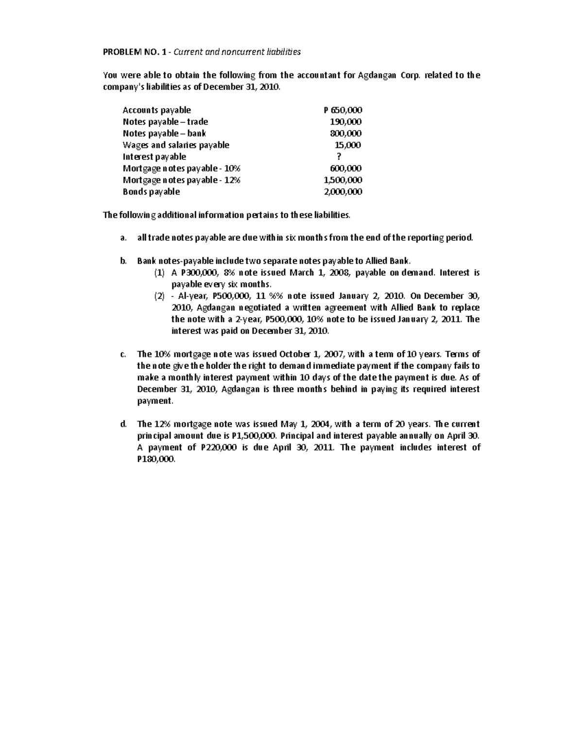 Current and Noncurrent Liabilities Analysis for Agdangan Corp. (2010 ...