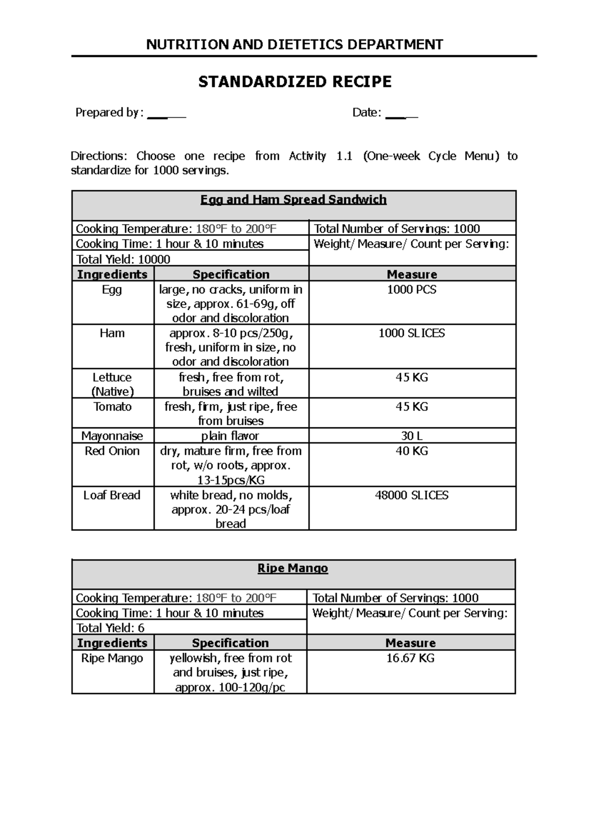 Standardized Recipe for NUTRITION AND DIETETICS DEPT (NDD) - Studocu