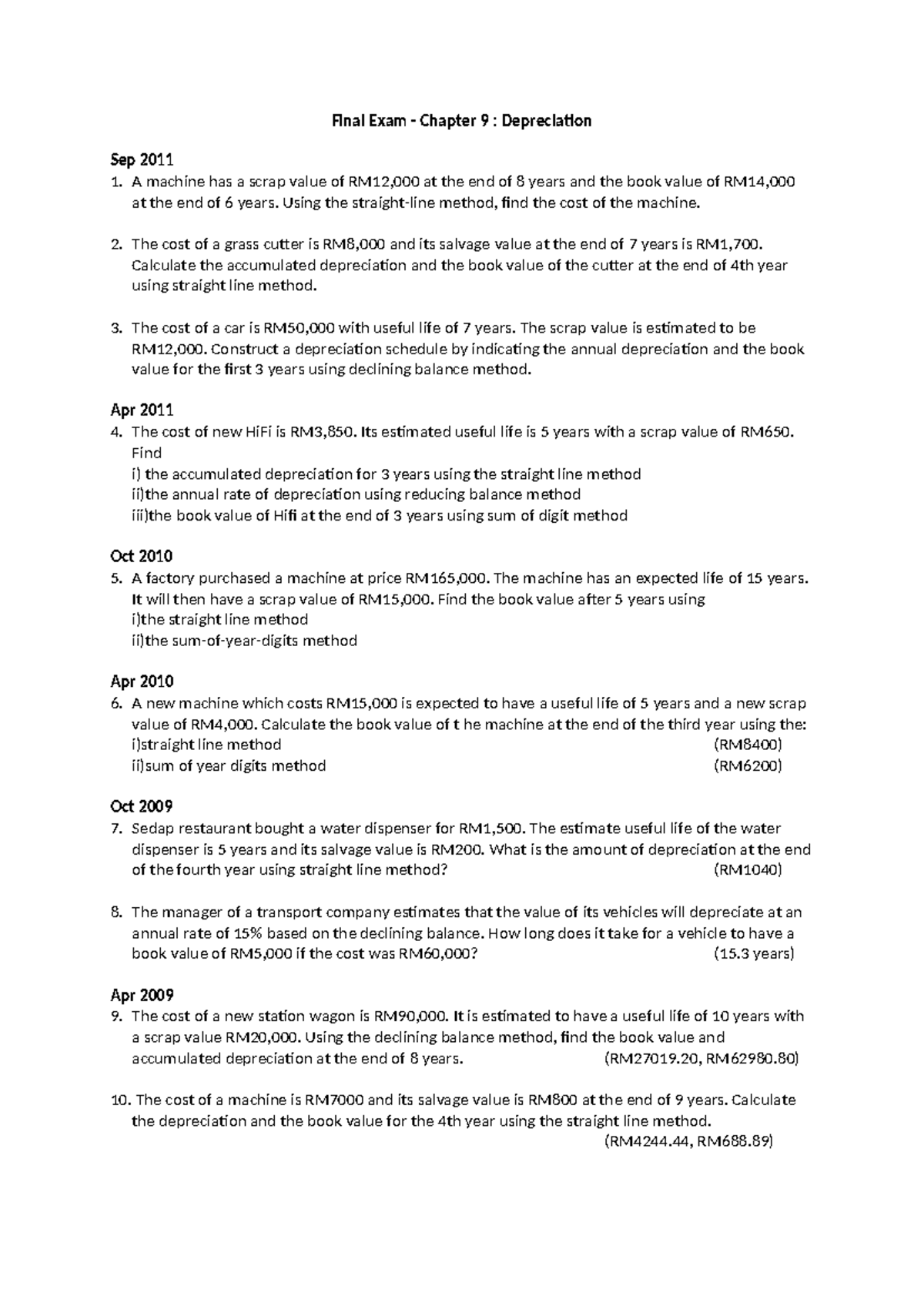 Final Exam CH9: Depreciation Calculations & Methods - SEM 1 - Studocu