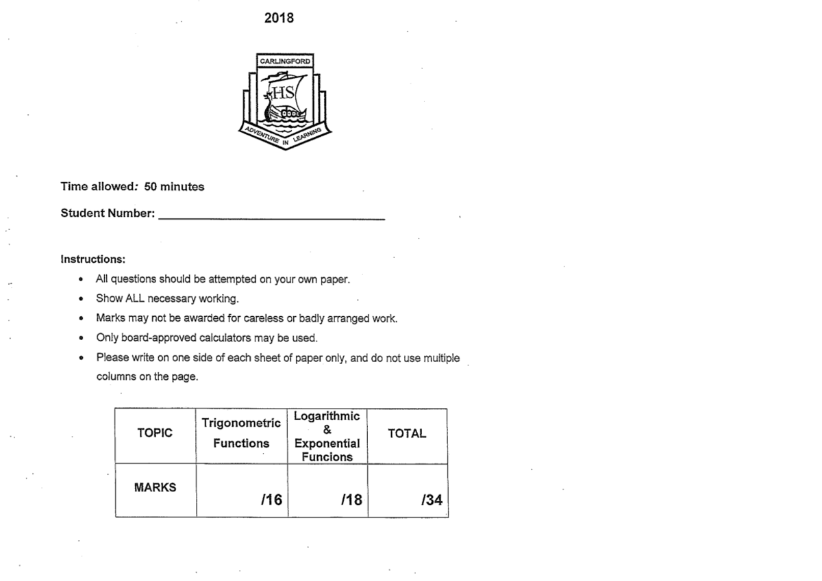 Y12 2018 T2 Assessment: Trigonometric & Logarithmic Functions Exam ...