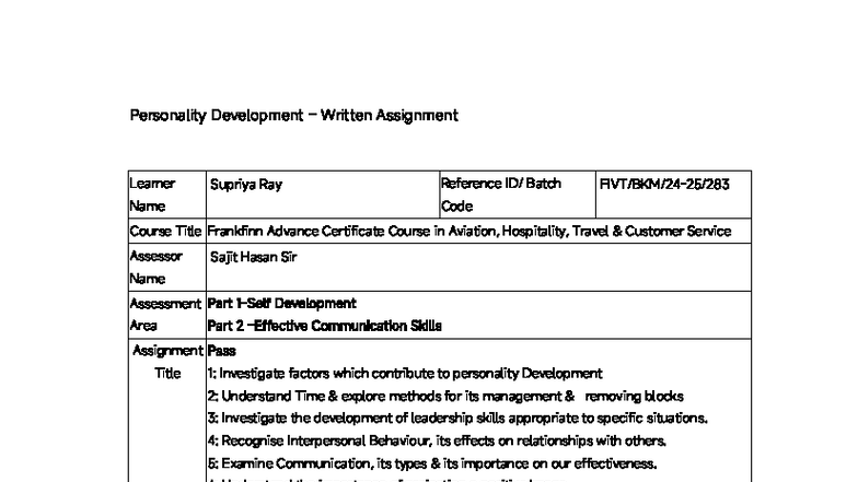 Personality Development Assignment - Frankfinn Adv. Cert. in Aviation ...
