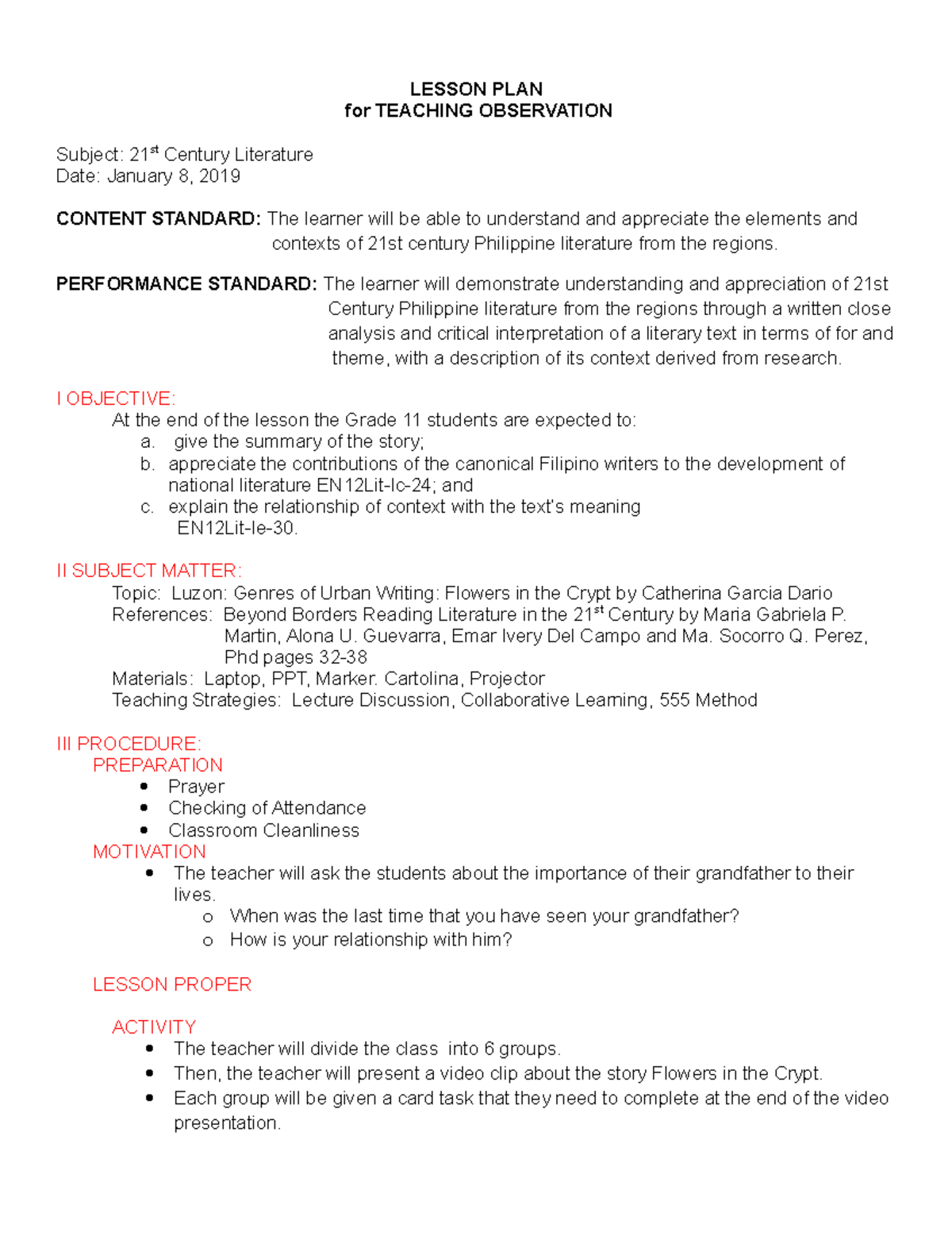 21st Century Lit Lesson Plan for Grade 11 - Flowers in the Crypt - Studocu