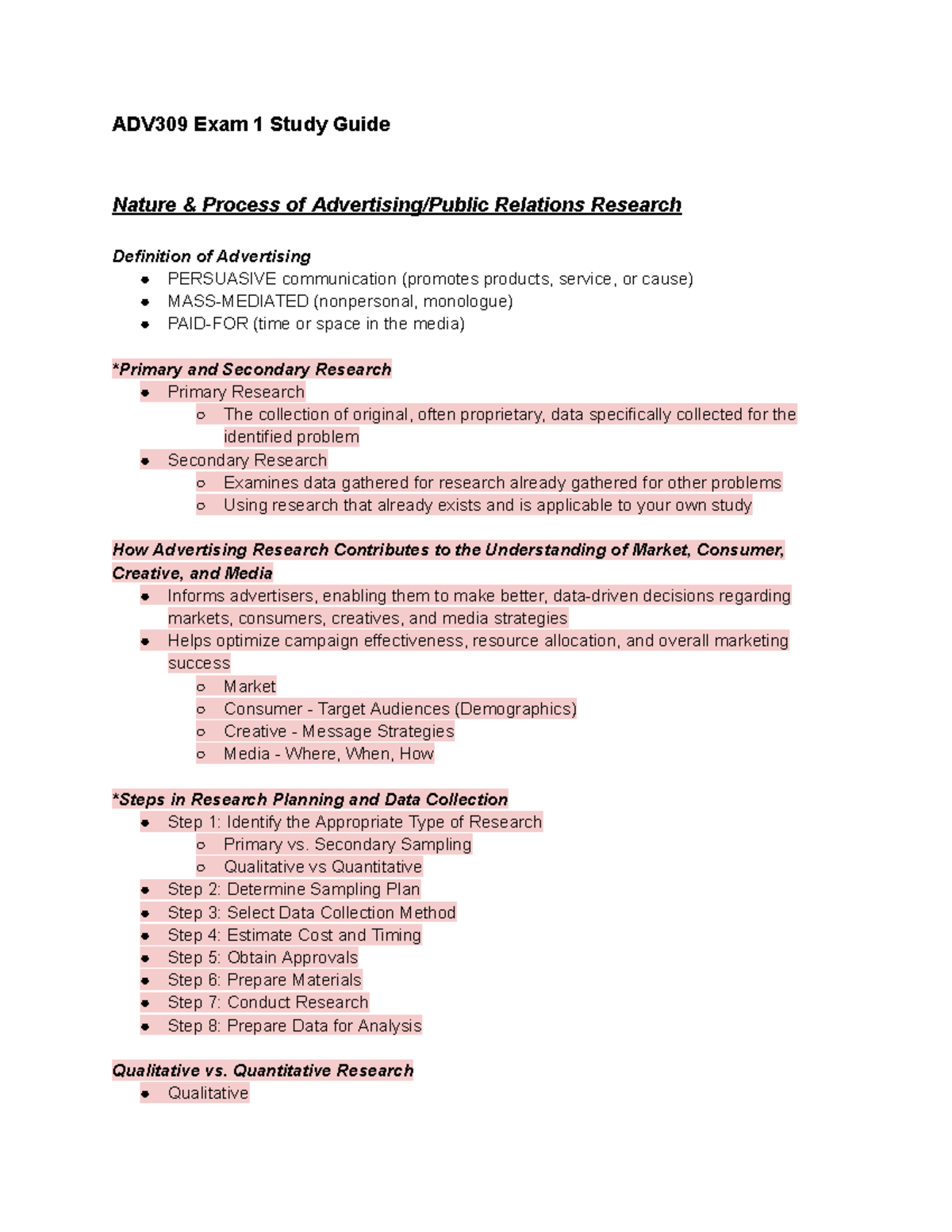 ADV309 Exam 1 Study Guide: Principles of Advertising Research - Studocu