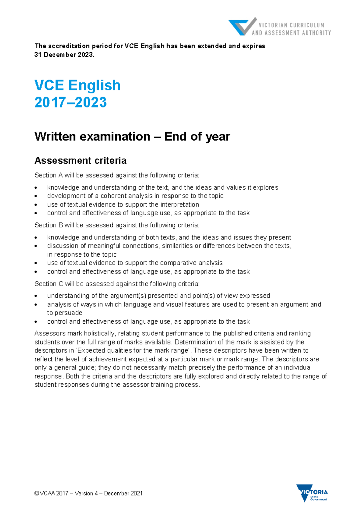 English vcaa criteria - © VCAA 201 7 – Version 4 – December 2021 The ...