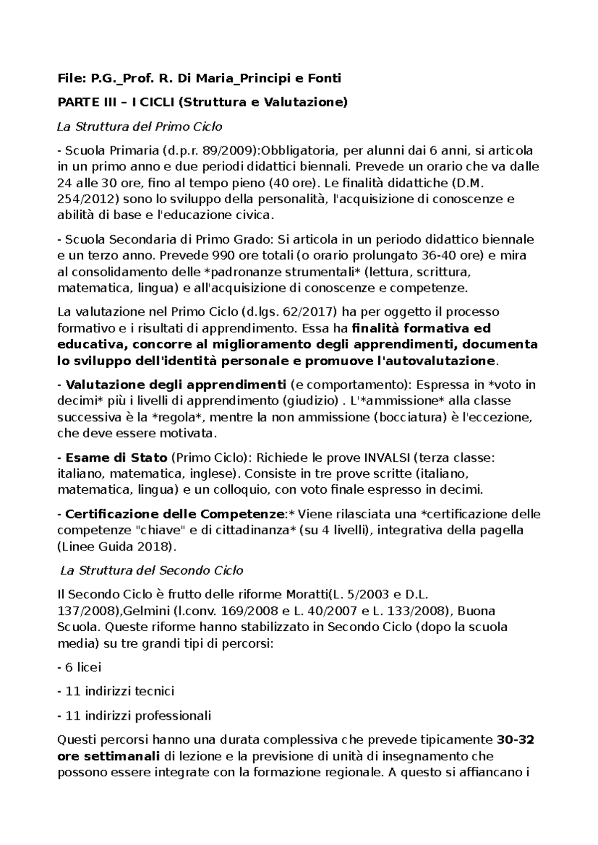 Principi e Fonti del Primo e Secondo Ciclo Scolastico - P.G. - Studocu