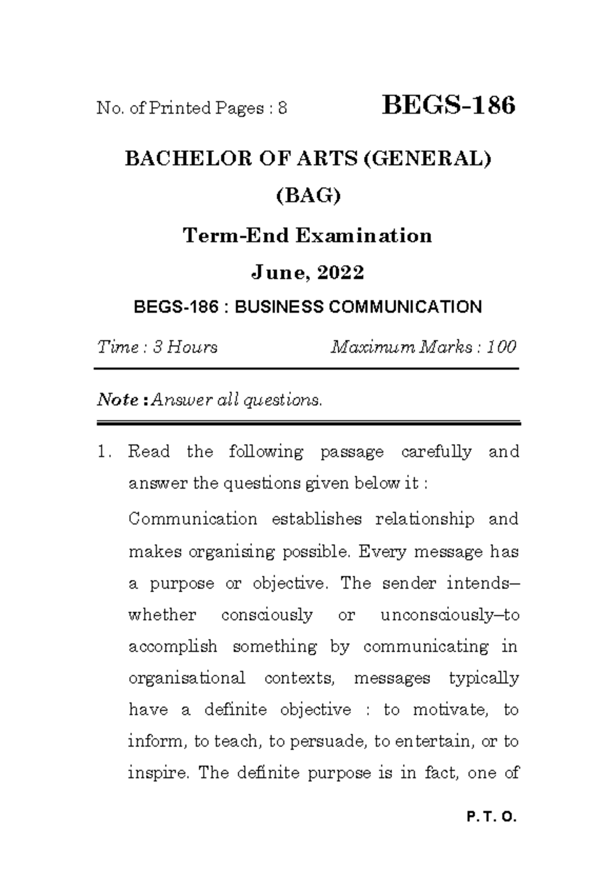 BEGS-186 - The Term end question paper of BAG June 2022 - P. T. O. No ...