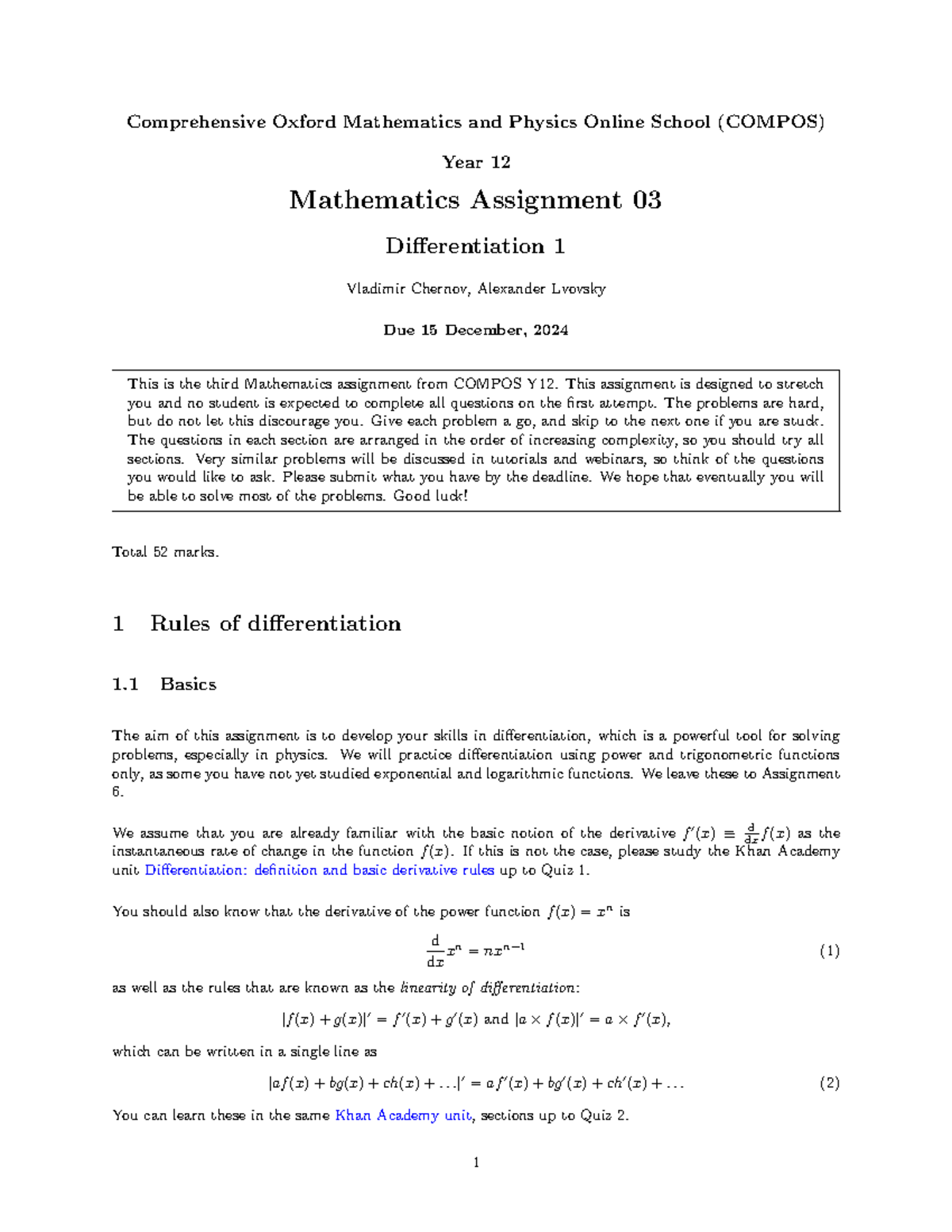 COMPOS Y12 Maths Assignment 03: Differentiation Techniques and Problems ...