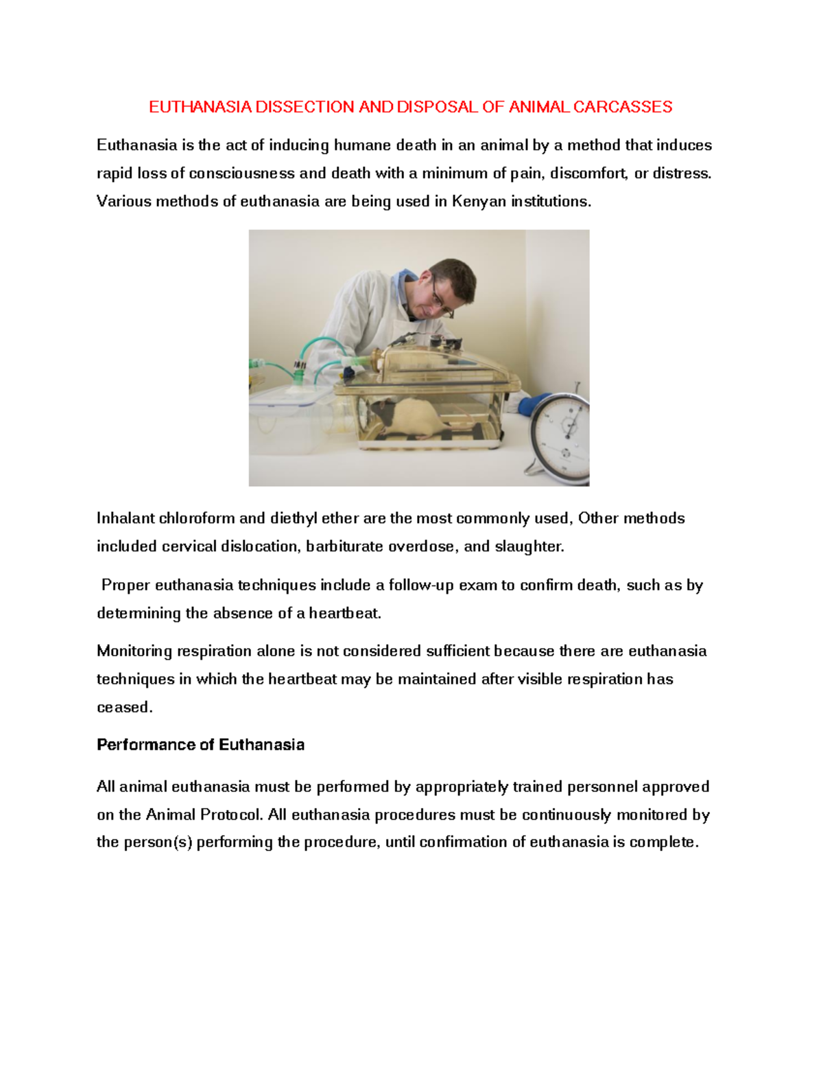 EUTHANASIA AND DISPOSAL OF ANIMAL CARCASSES: METHODS & PROTOCOLS - Studocu