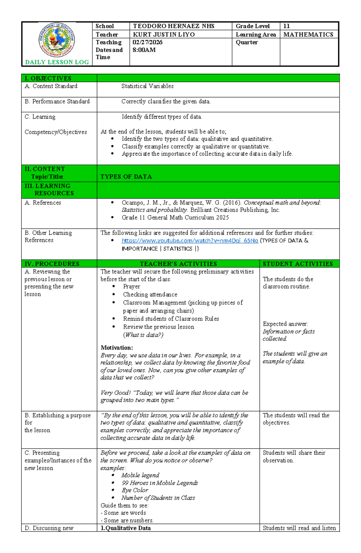 DLP: Lesson Plan on Adding Integers for Grade 11 Math - Studocu
