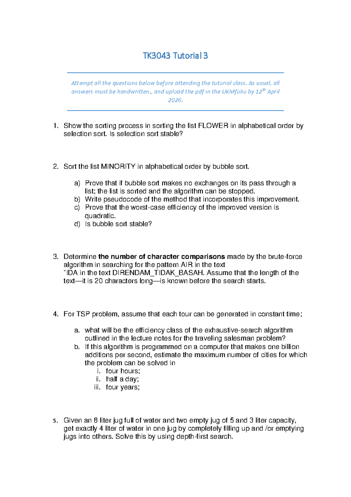 TK3043 Tutorial 3: Sorting Algorithms & Problem Solving Techniques ...