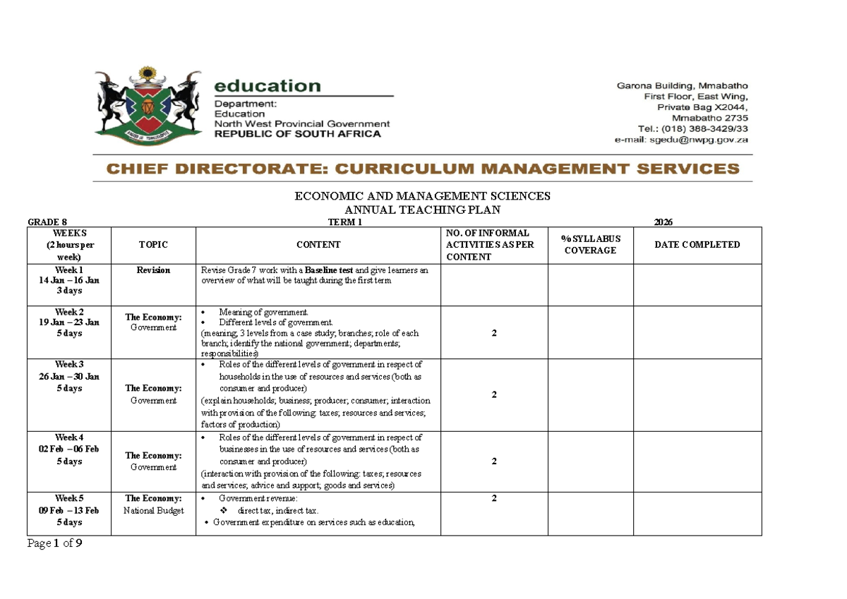 ECONOMIC AND MANAGEMENT SCIENCES ANNUAL TEACHING PLAN GRADE 8 (2026 ...