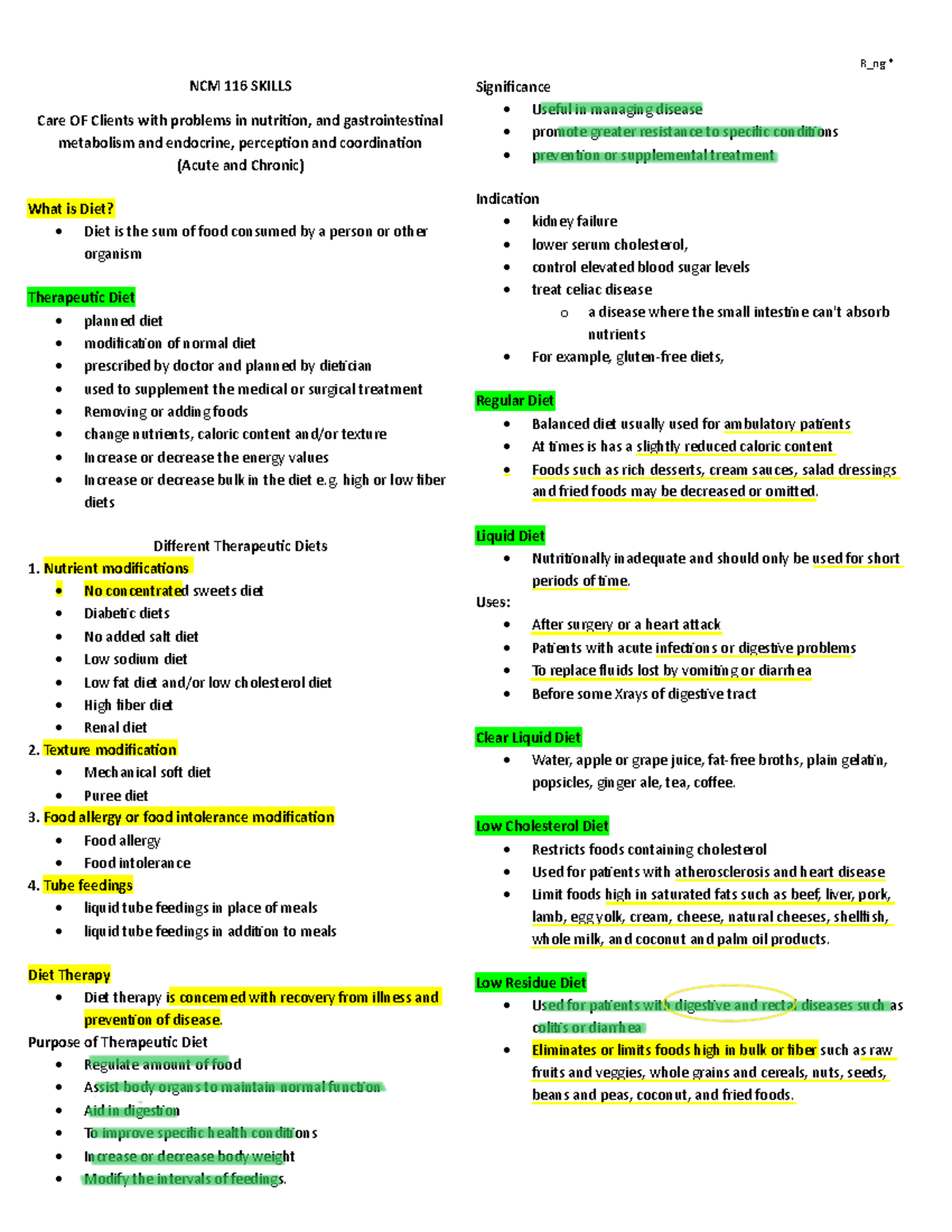 NCM 116 Skills: Therapeutic Diets and Gastrointestinal Care Notes - Studocu