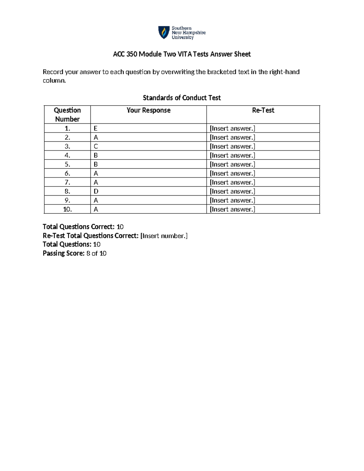 ACC 350 Module Two VITA Tests Answer Sheet - Standards of Conduct Test ...