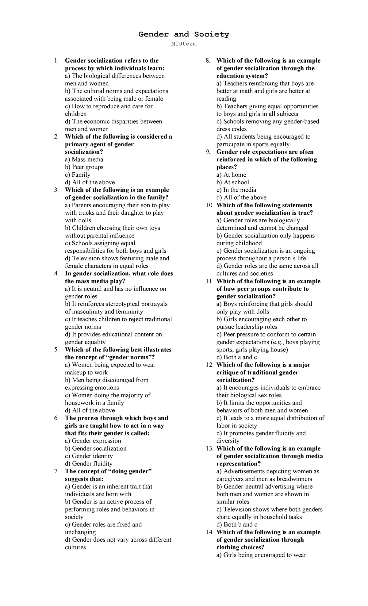 Gender and Society Midterm Exam Study Guide - Studocu